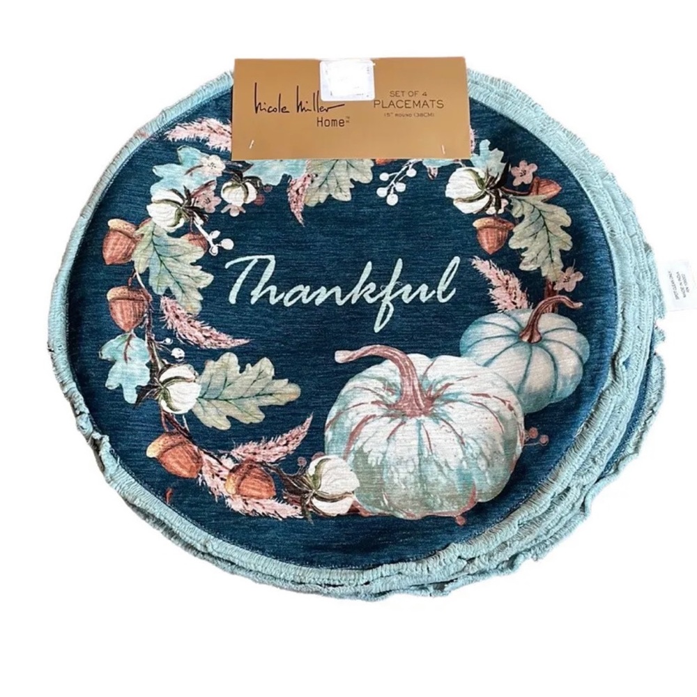 Nicole Miller  Placemats Set Of 4 Thanksgiving Pumpkins Thankful Floral